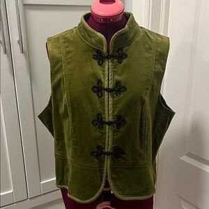 TRIBAL Velvet Women's Vest Olive Green Knotted Sequin Buttons 99% Cotton Sz XL